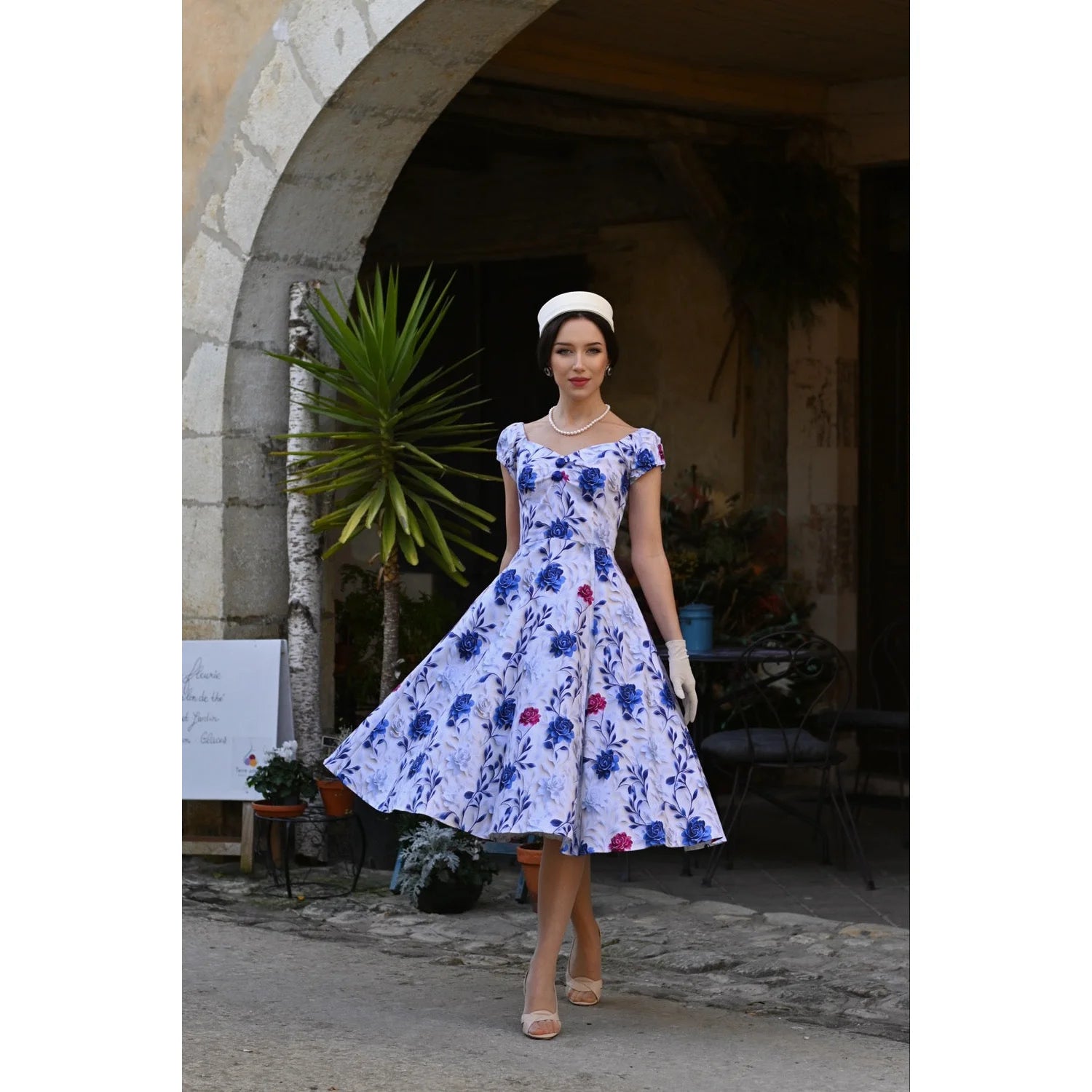 White And Blue Red Rose Cap Sleeve Cotton Swing Dress - Pretty Kitty Fashion