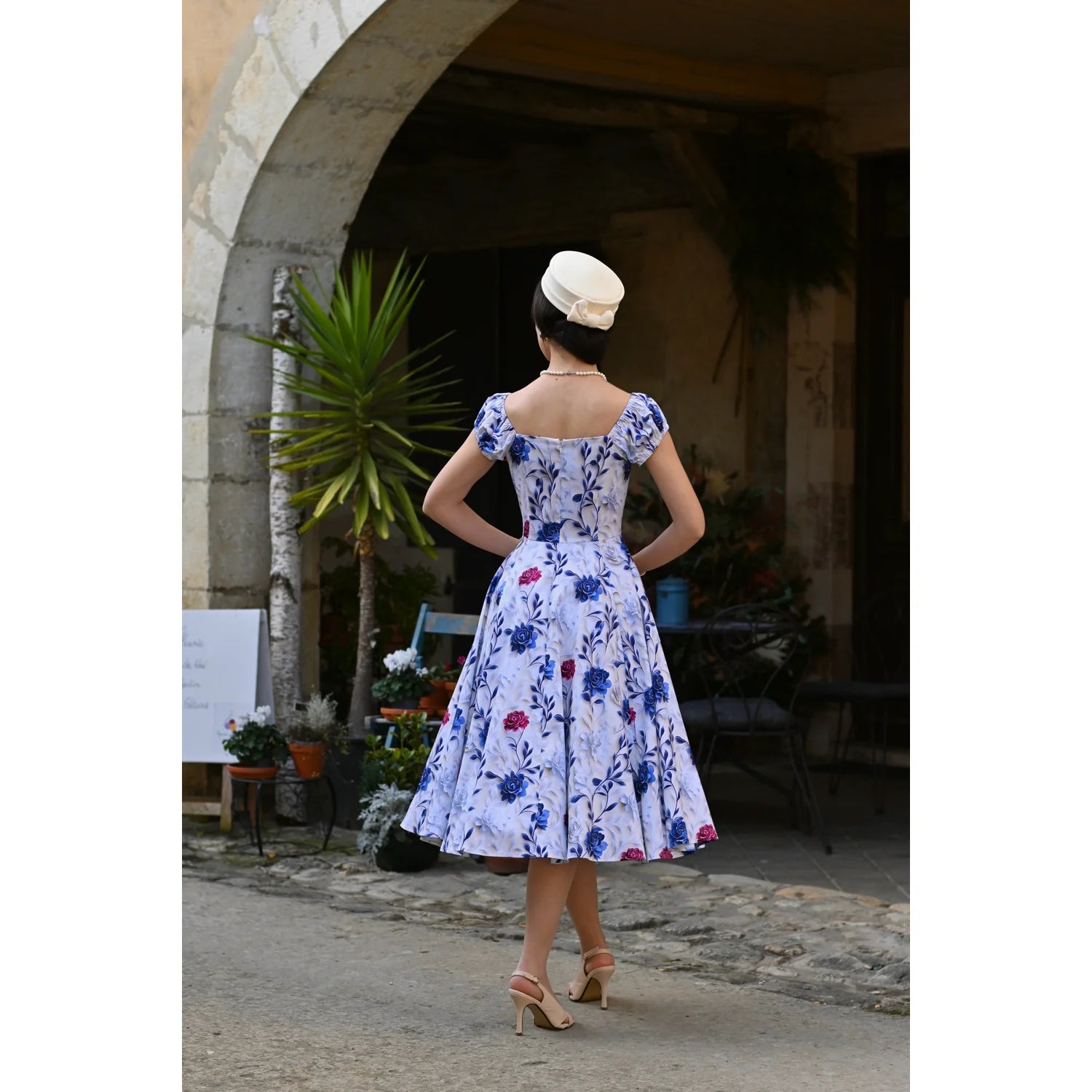 White And Blue Red Rose Cap Sleeve Cotton Swing Dress - Pretty Kitty Fashion