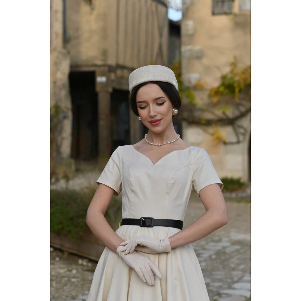 Vintage Ivory V Neck Belted Short Sleeve Swing Dress