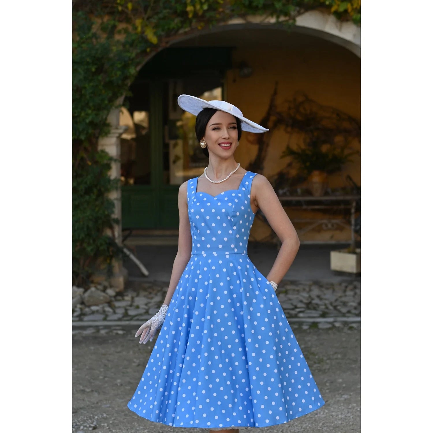 Sky Blue White Polka Dot Sleeveless Rockabilly 50s Swing Dress - Pretty Kitty Fashion