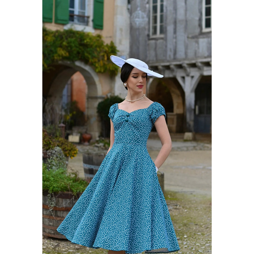 Green Polka Dot Off Shoulder Rockabilly 50s Swing Dress with Puff Sleeves - Pretty Kitty Fashion