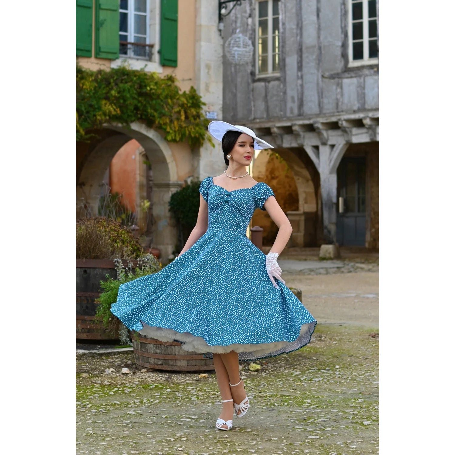 Green Polka Dot Off Shoulder Rockabilly 50s Swing Dress with Puff Sleeves - Pretty Kitty Fashion