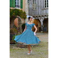 Green Polka Dot Off Shoulder Rockabilly 50s Swing Dress with Puff Sleeves - Pretty Kitty Fashion