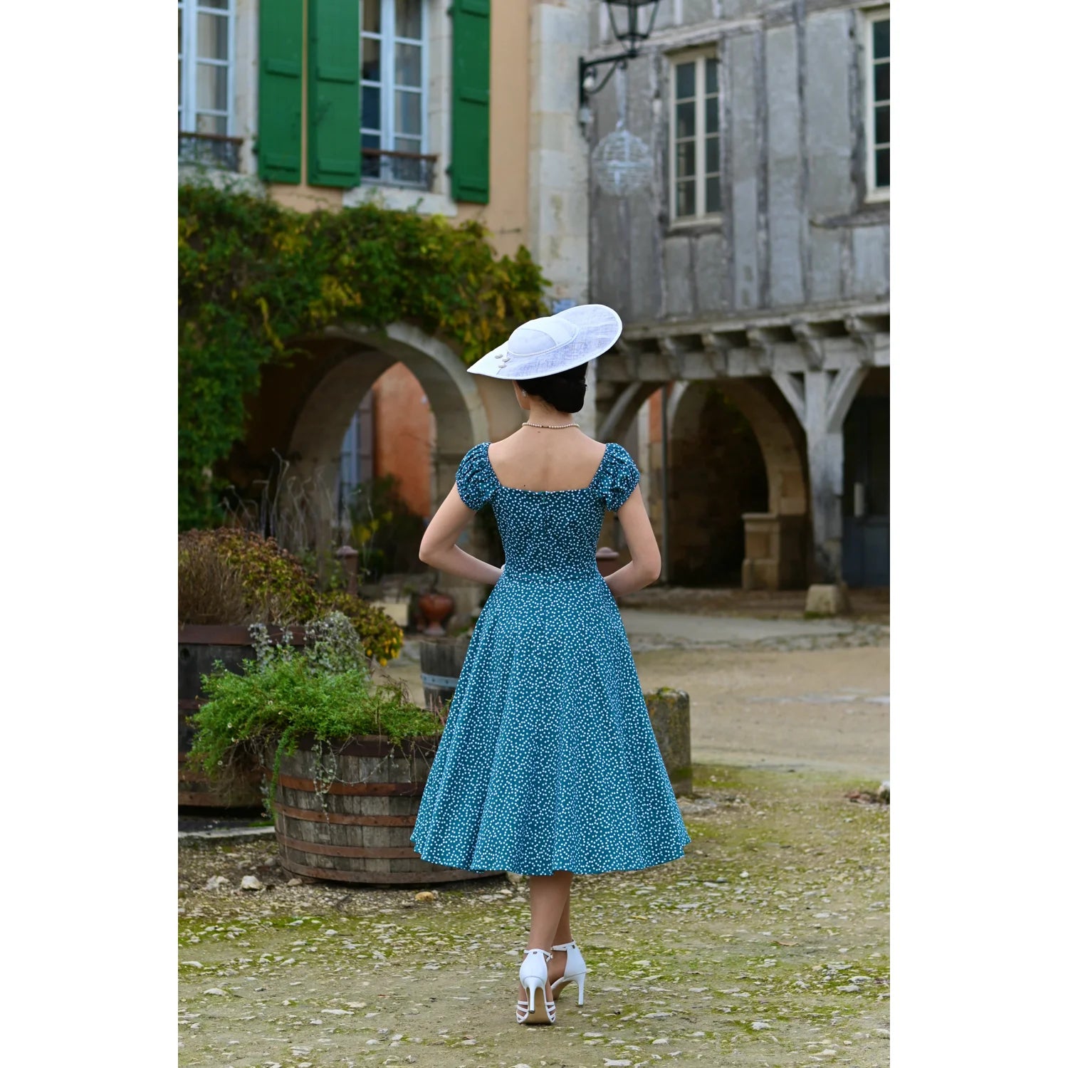 Green Polka Dot Off Shoulder Rockabilly 50s Swing Dress with Puff Sleeves - Pretty Kitty Fashion