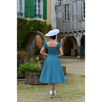 Green Polka Dot Off Shoulder Rockabilly 50s Swing Dress with Puff Sleeves - Pretty Kitty Fashion