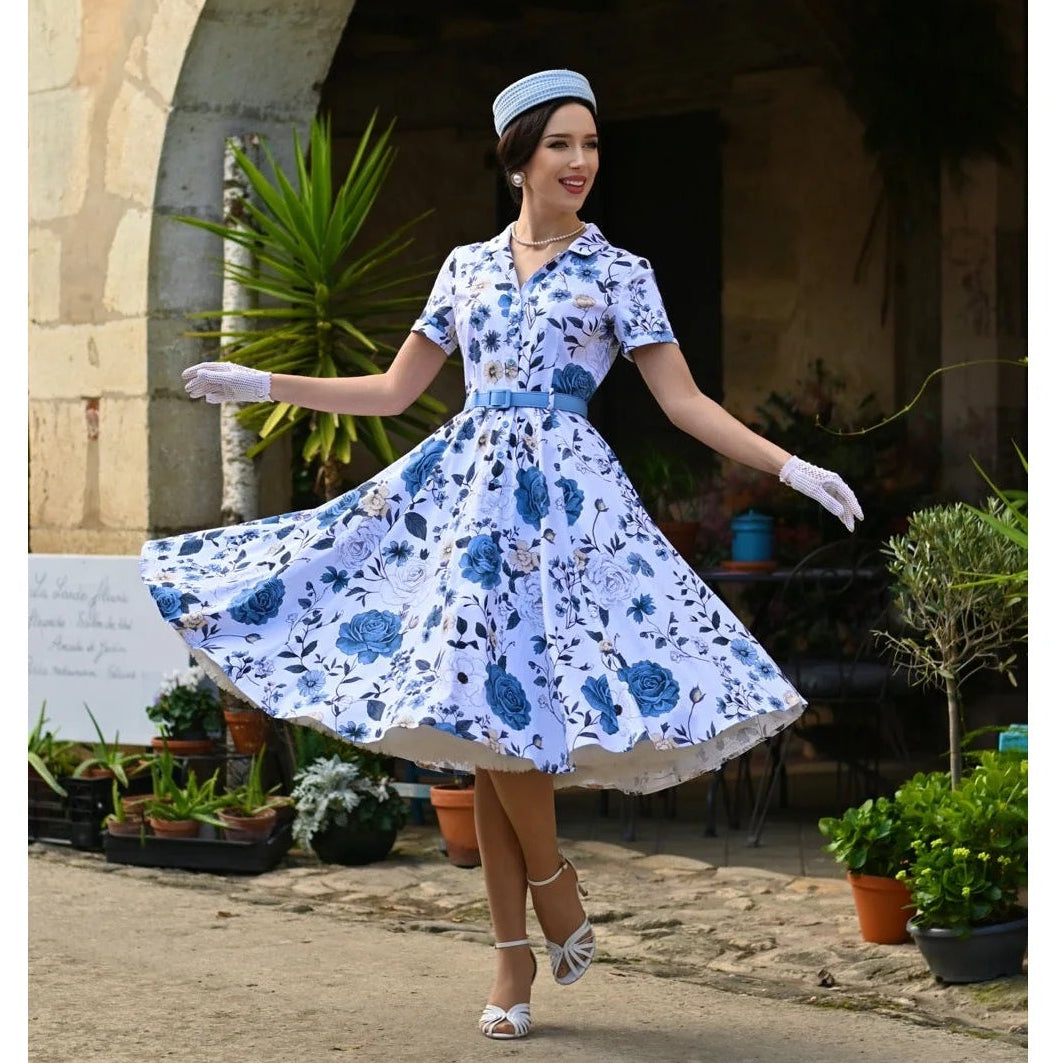 White And Blue Rose Cap Sleeve Cotton Garden Tea Dress