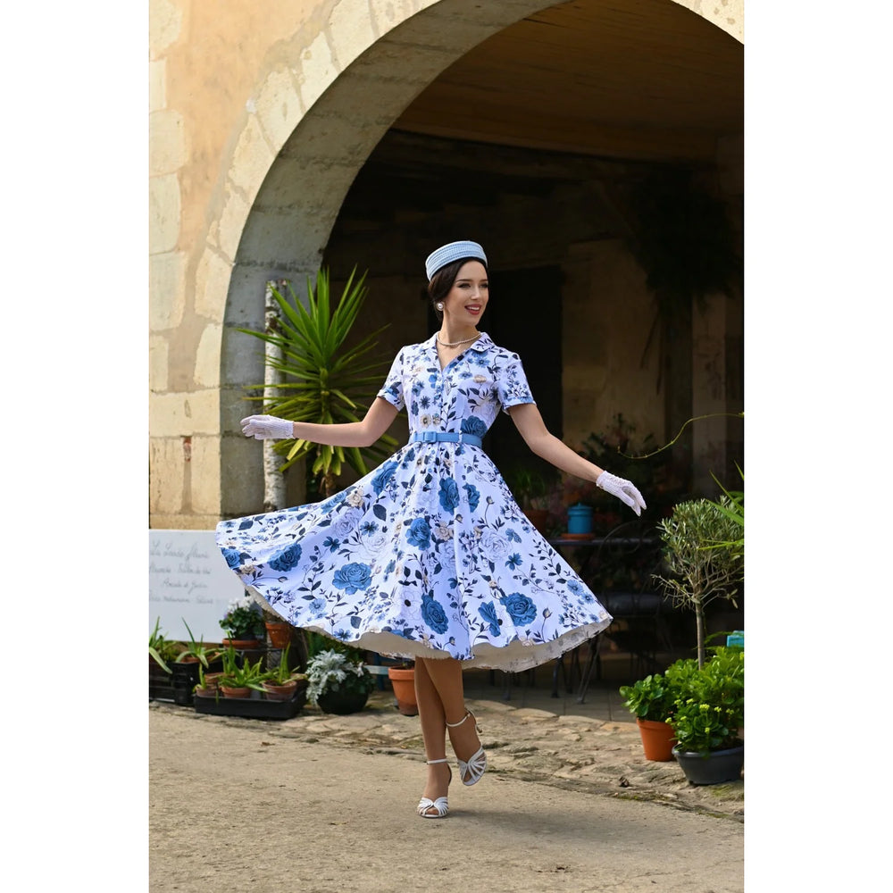White And Blue Rose Cap Sleeve Cotton Garden Tea Dress
