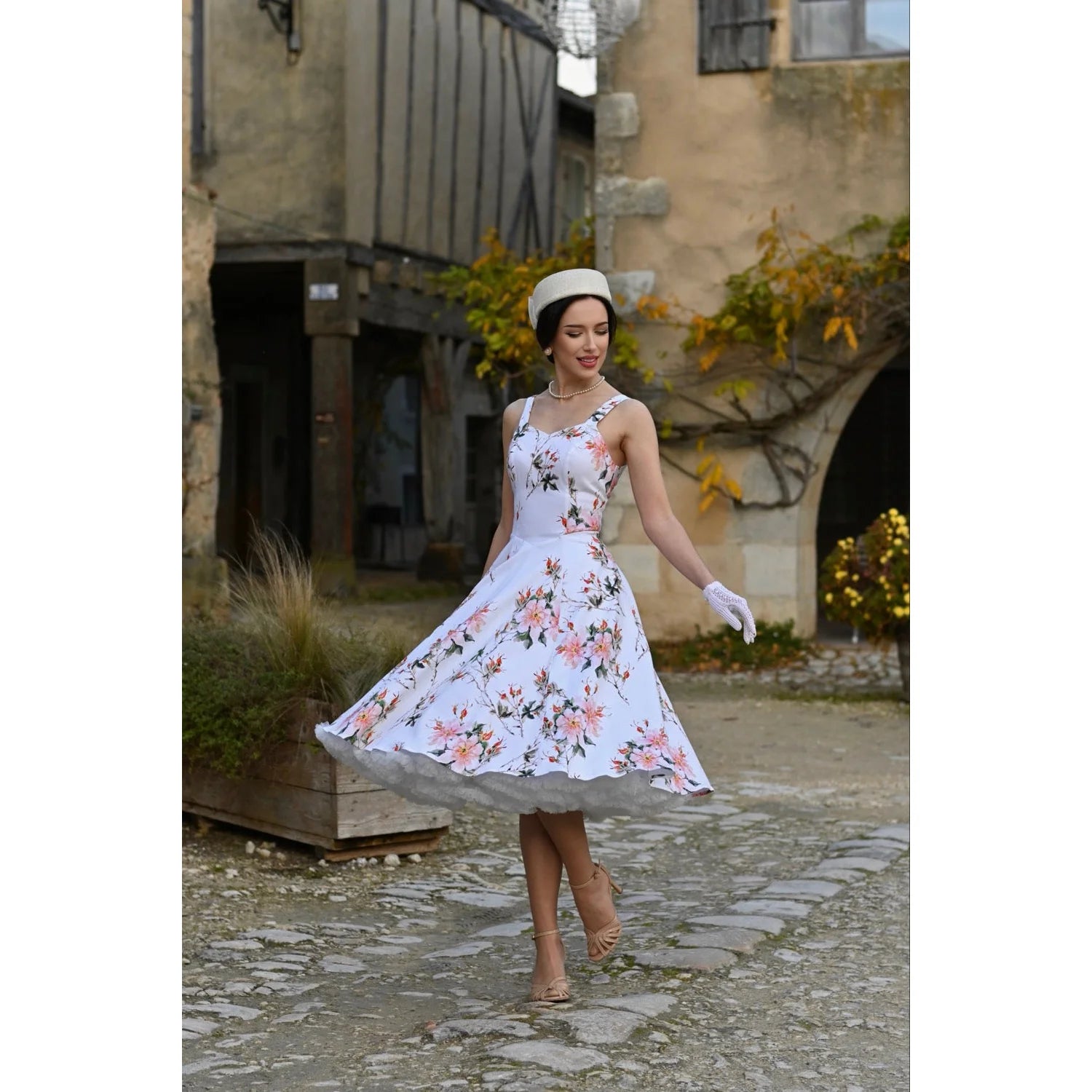 Cream White Strappy Cotton Summer Swing Dress With Coral Floral Print