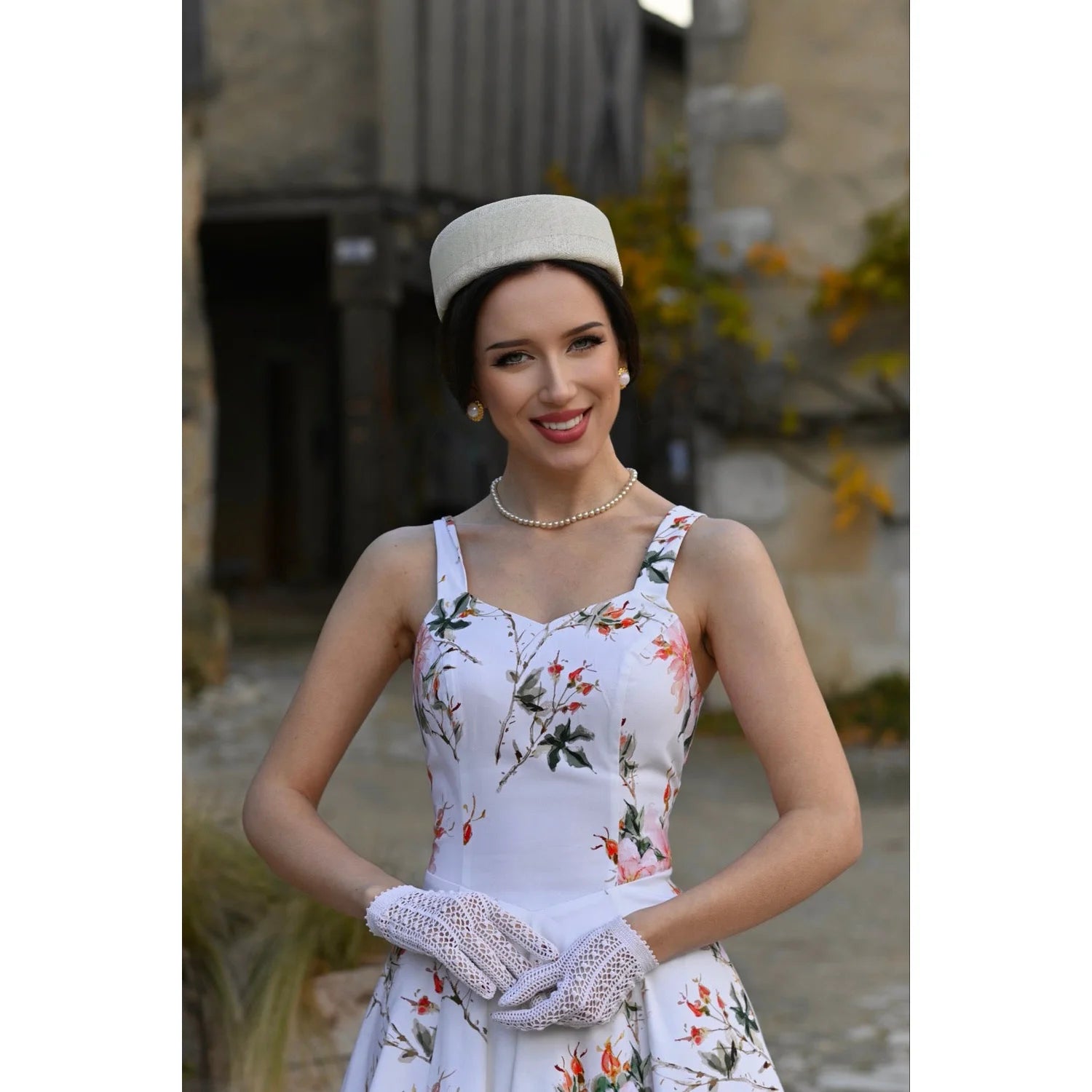 Cream White Strappy Cotton Summer Swing Dress With Coral Floral Print