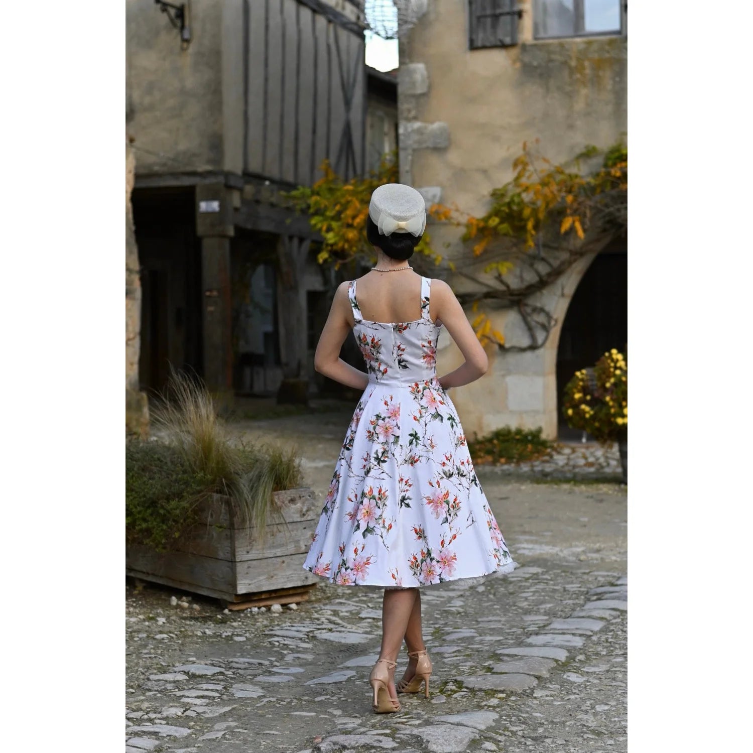 Cream White Strappy Cotton Summer Swing Dress With Coral Floral Print