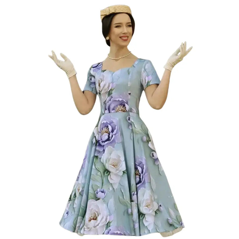 Mint Green Floral 50s Swing Dress with Sweetheart Neckline and Short Sleeves