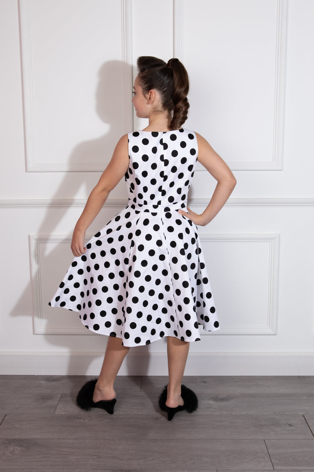 Little Kitty Girl's White Black Polka Dot Print Party Dress