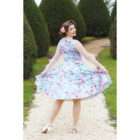 Sky blue and pink floral asymmetric neckline summer party swing dress - Pretty Kitty Fashion