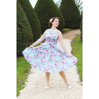Sky blue and pink floral asymmetric neckline summer party swing dress - Pretty Kitty Fashion
