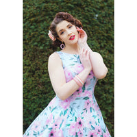 Sky blue and pink floral asymmetric neckline summer party swing dress - Pretty Kitty Fashion