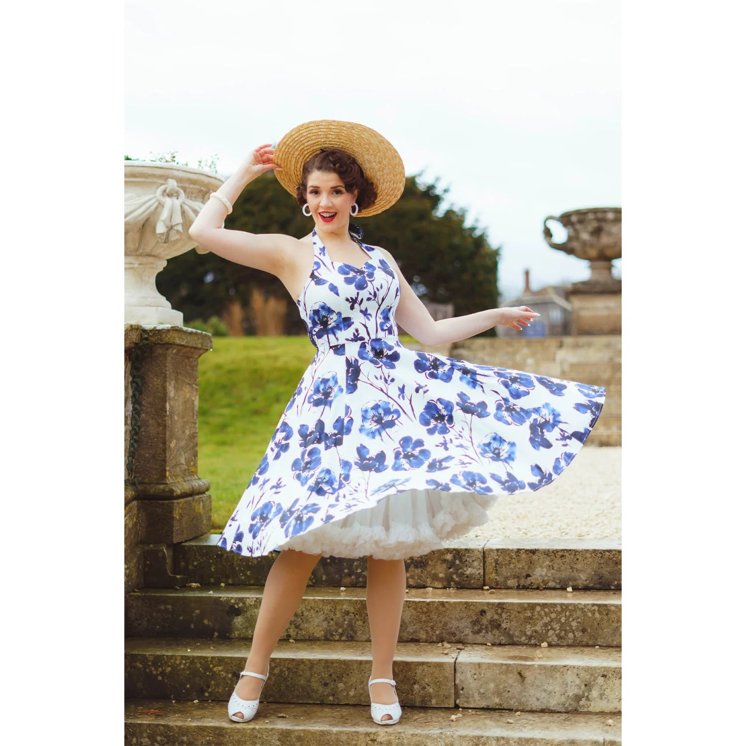White Cream And Indigo Blue Floral Print Halterneck Cotton Swing Dress