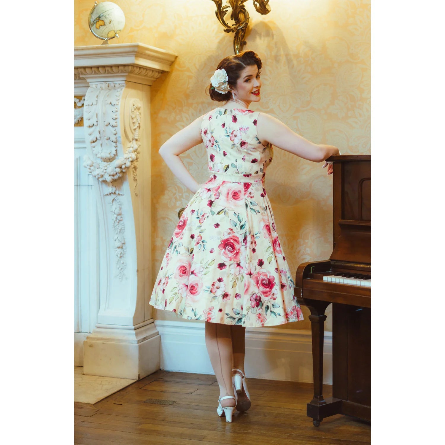 Soft Yellow Cream and Pink Rose Print Summer Party Swing Dress