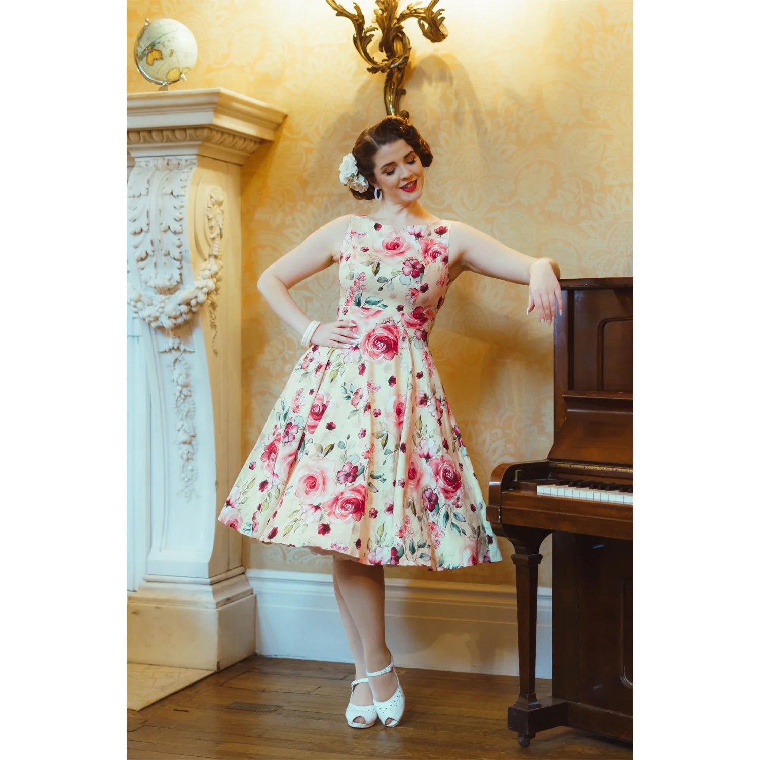 Soft Yellow Cream and Pink Rose Print Summer Party Swing Dress