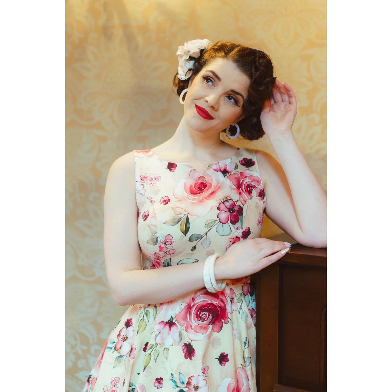 Soft Yellow Cream and Pink Rose Print Summer Party Swing Dress