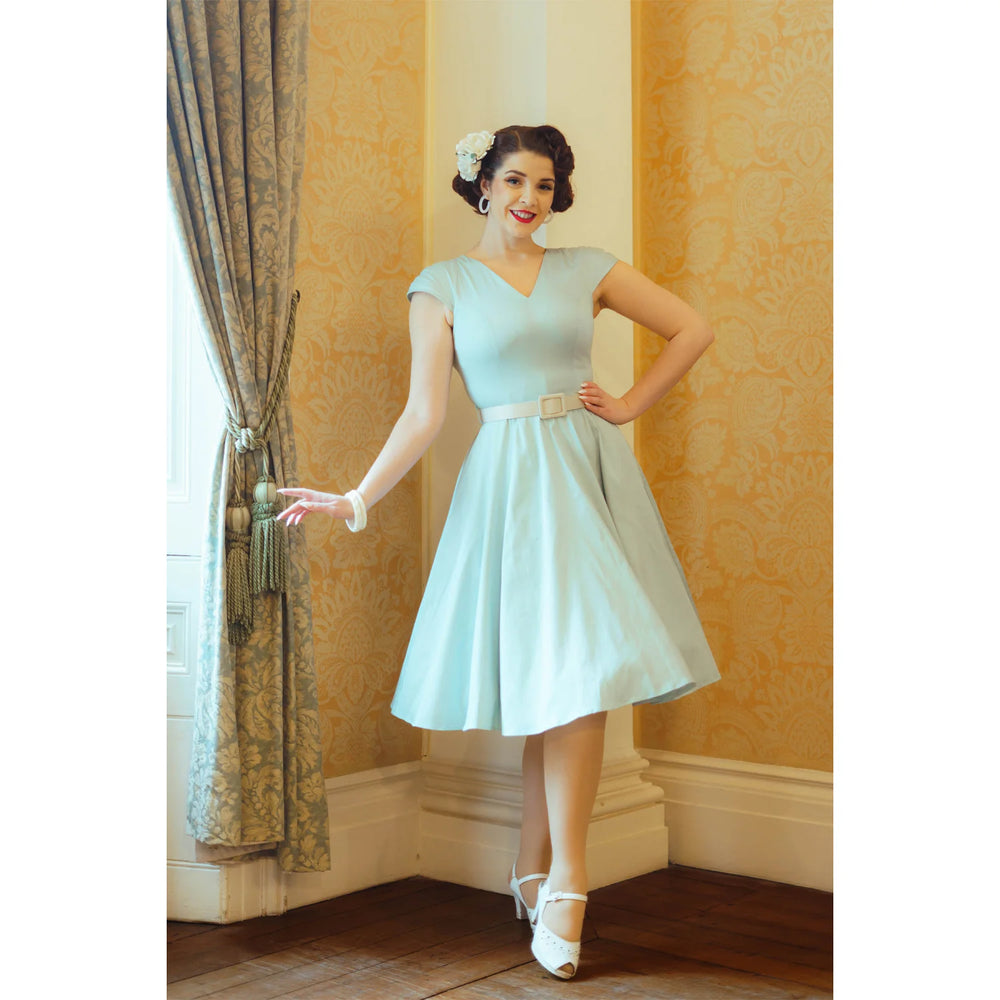 Mint Green V Neck Belted Short Sleeve Swing Dress