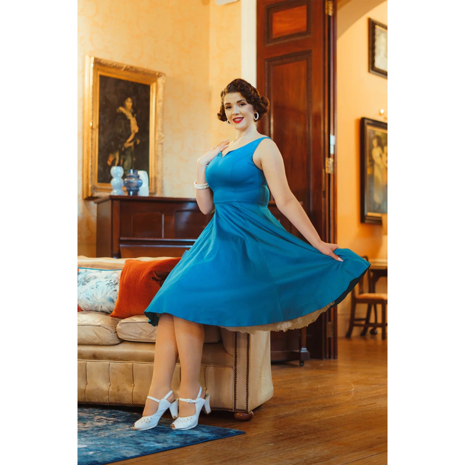 Vintage Teal Blue Sleeveless V Neck Swing Dress