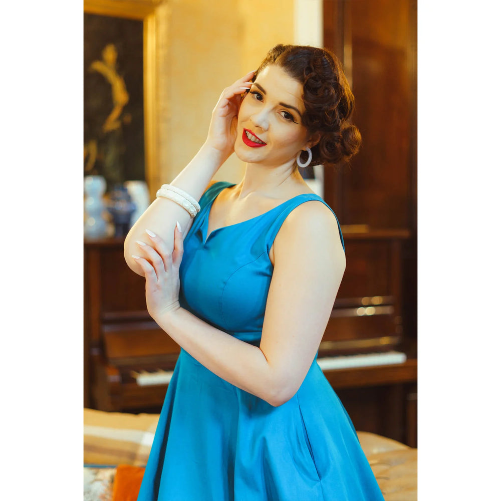 Vintage Teal Blue Sleeveless V Neck Swing Dress