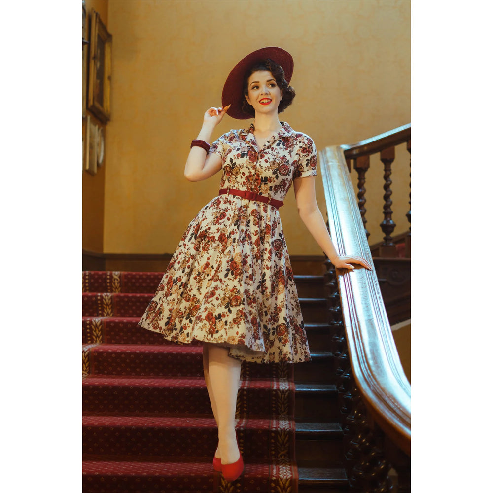 Ivory Red Rose Floral Blossom Short Sleeve Cotton Tea Dress With Belt - Pretty Kitty Fashion