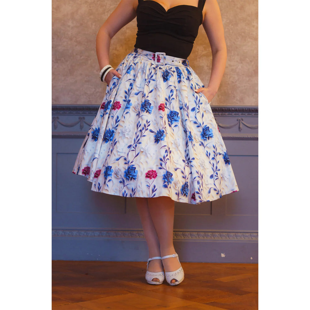 White And Blue Red Rose 3D Print Swing Skirt