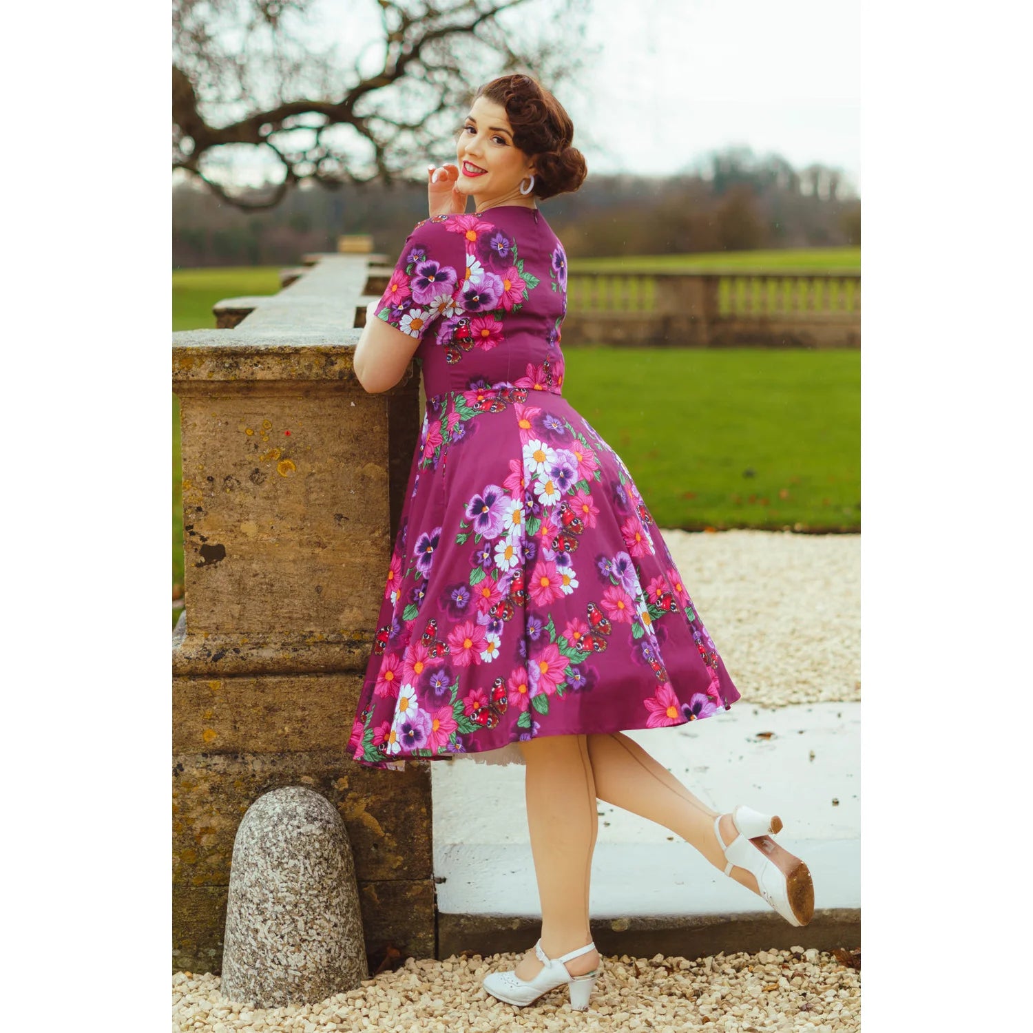 Magenta Multi Floral Blossom Rose Short Sleeve Cotton Swing Dress