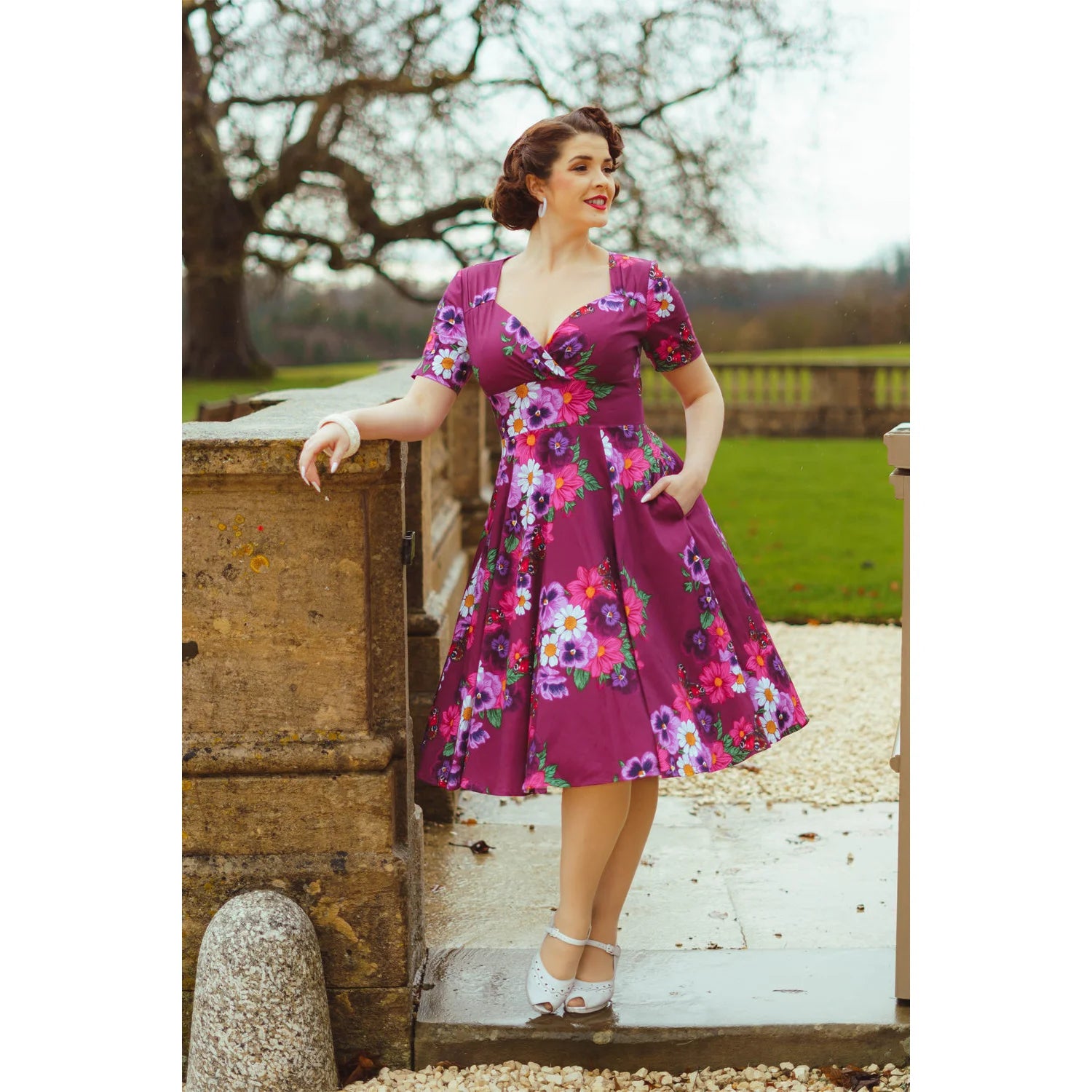 Magenta Multi Floral Blossom Rose Short Sleeve Cotton Swing Dress