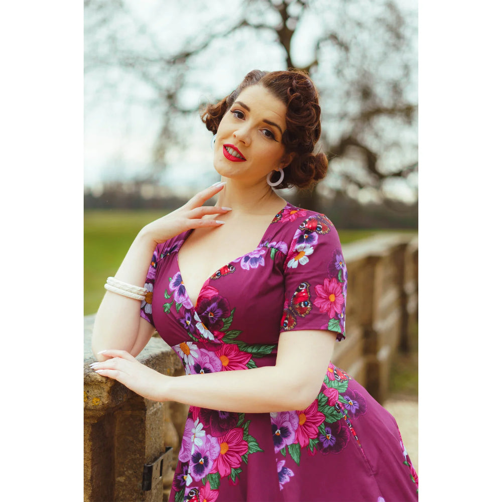 Magenta Multi Floral Blossom Rose Short Sleeve Cotton Swing Dress