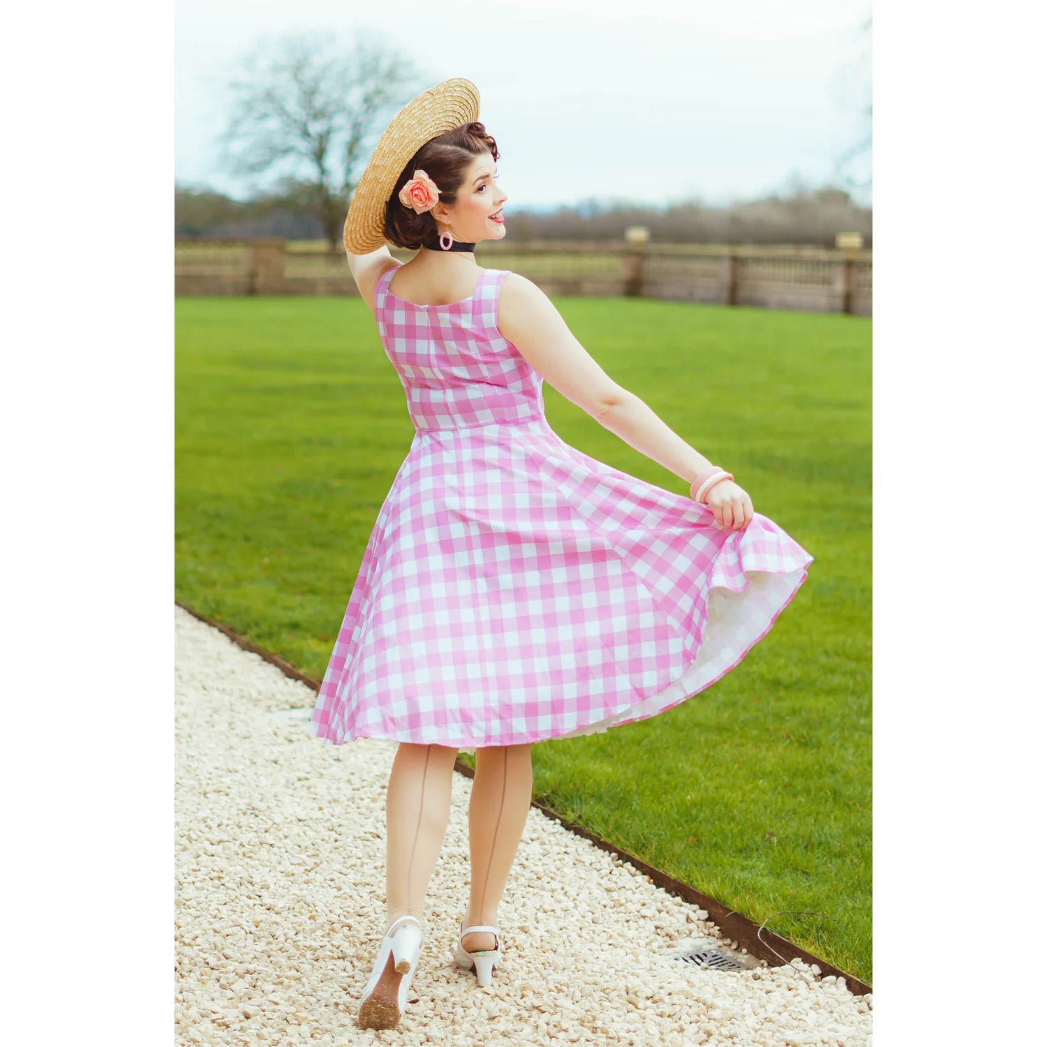 Pink And White Check 50s Sweetheart Neckline Sleeveless Swing Dress - Pretty Kitty Fashion