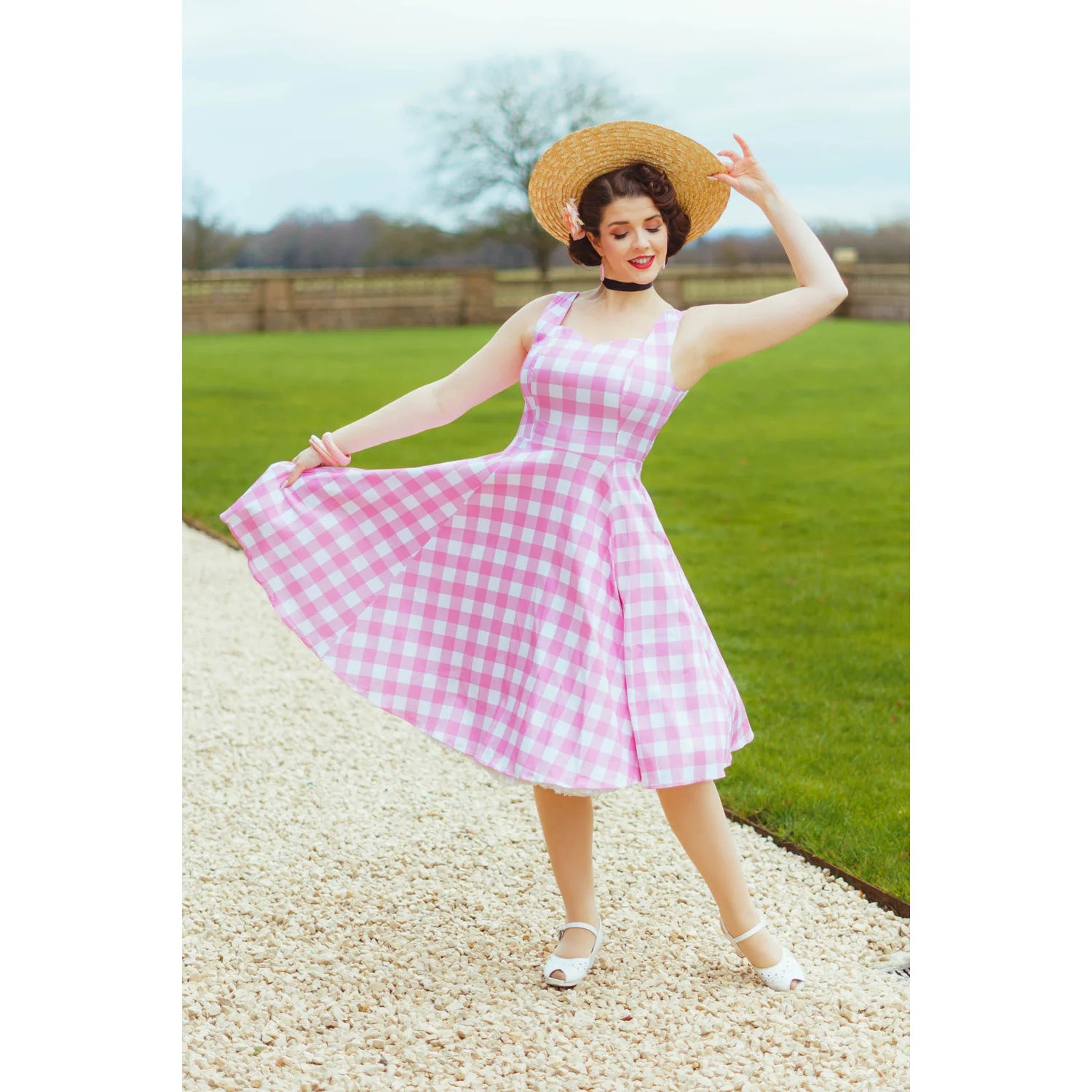 Pink And White Check 50s Sweetheart Neckline Sleeveless Swing Dress - Pretty Kitty Fashion