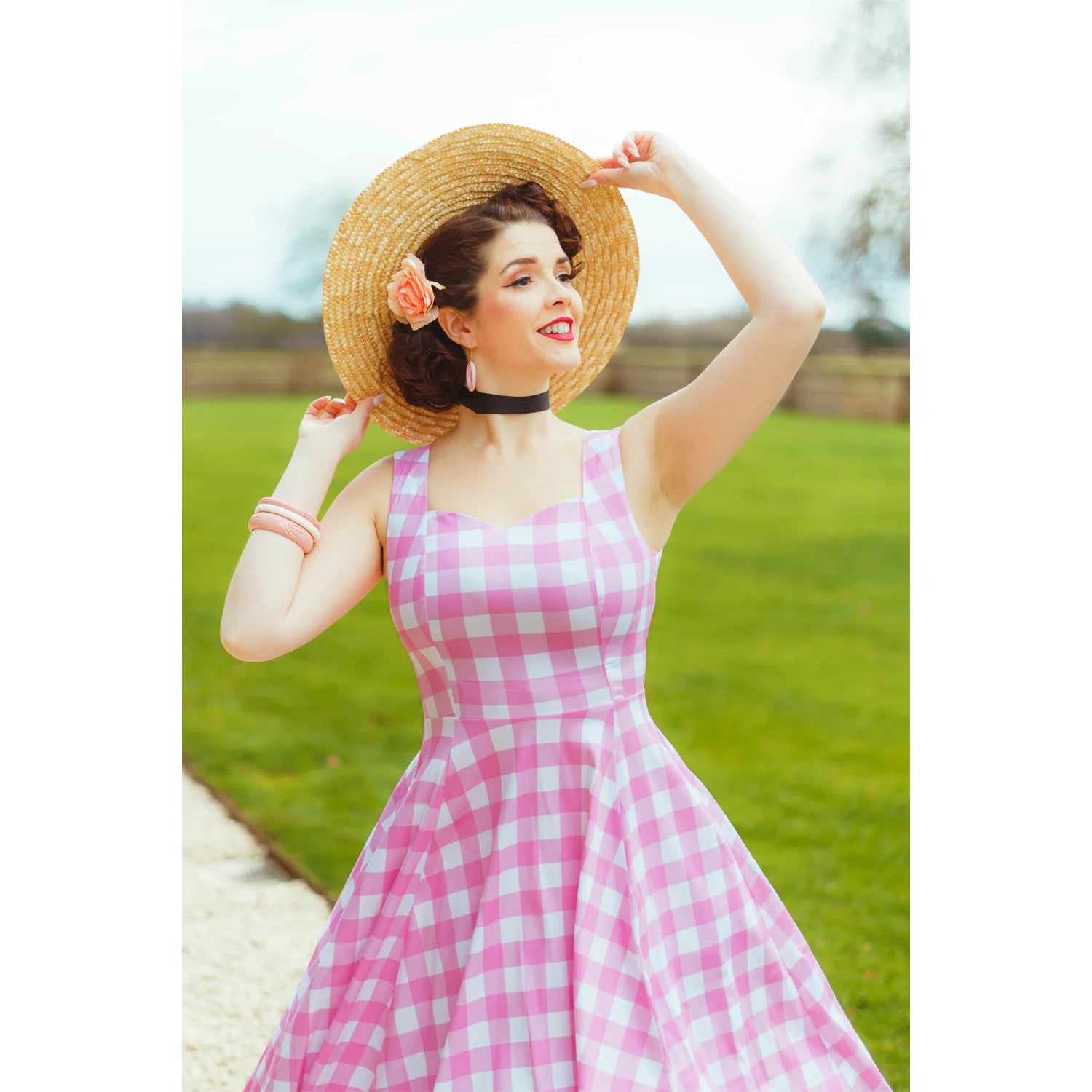 Pink And White Check 50s Sweetheart Neckline Sleeveless Swing Dress - Pretty Kitty Fashion