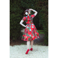Red Tropical Blossom Rose Cap Sleeve Cotton Swing Dress - Pretty Kitty Fashion