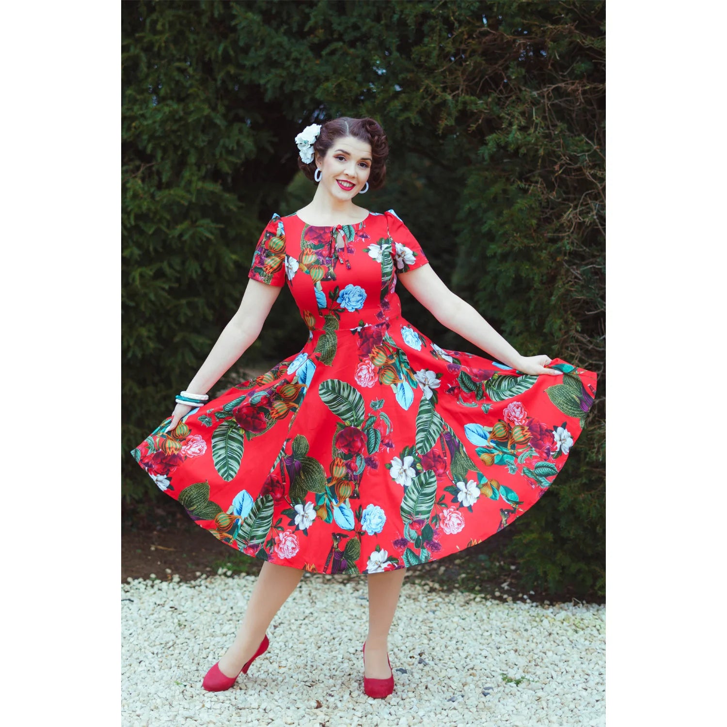 Red Tropical Blossom Rose Cap Sleeve Cotton Swing Dress - Pretty Kitty Fashion
