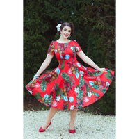Red Tropical Blossom Rose Cap Sleeve Cotton Swing Dress - Pretty Kitty Fashion