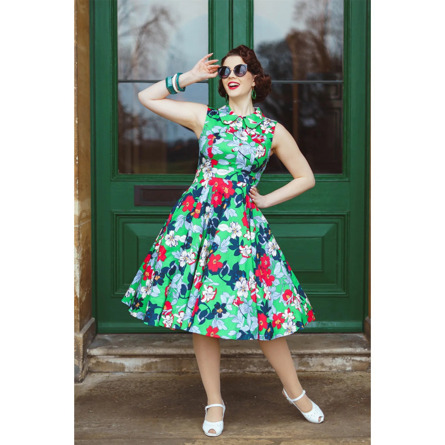 Emerald Green Sleeveless Collared Summer Floral Tea dress