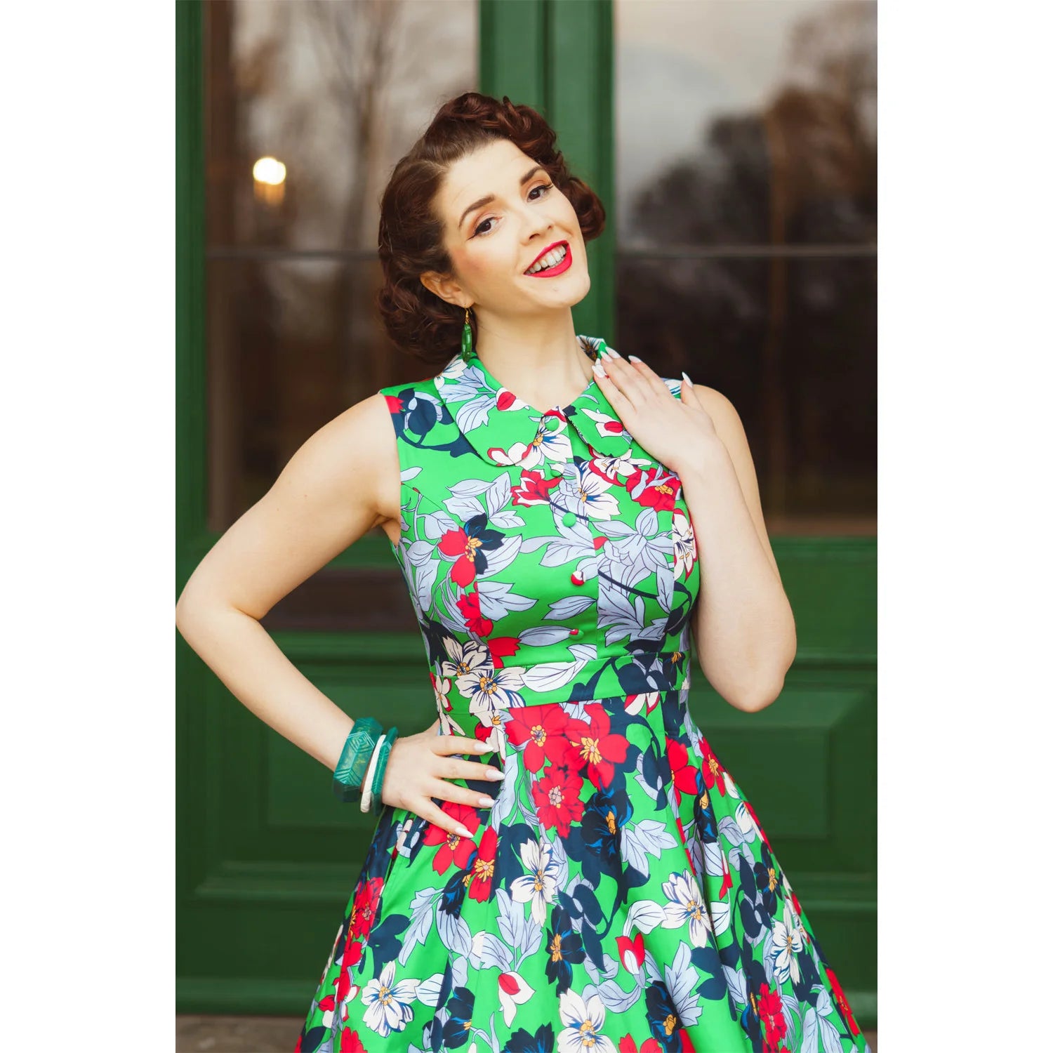 Emerald Green Sleeveless Collared Summer Floral Tea dress