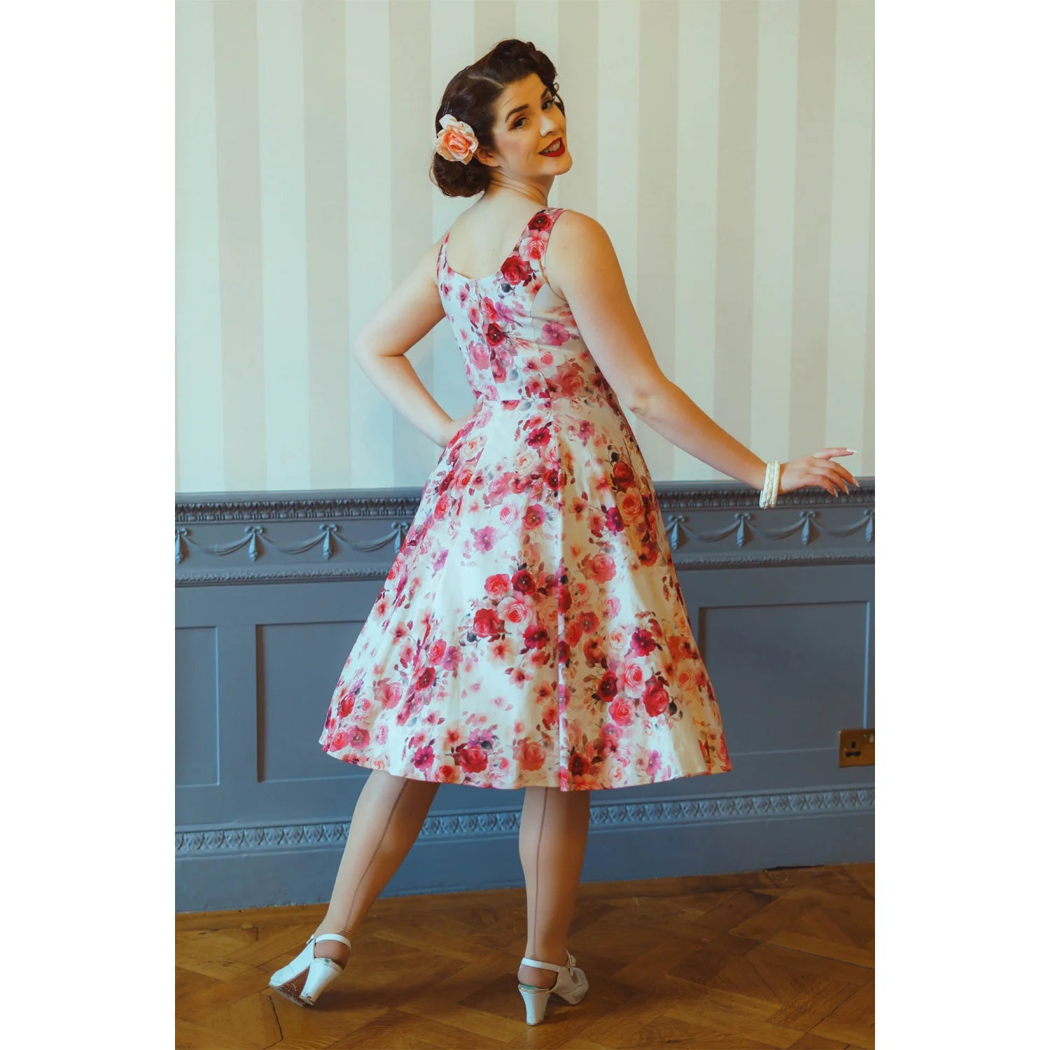 White Cream With Red And Pink Floral Print Strappy Cotton Swing Dress