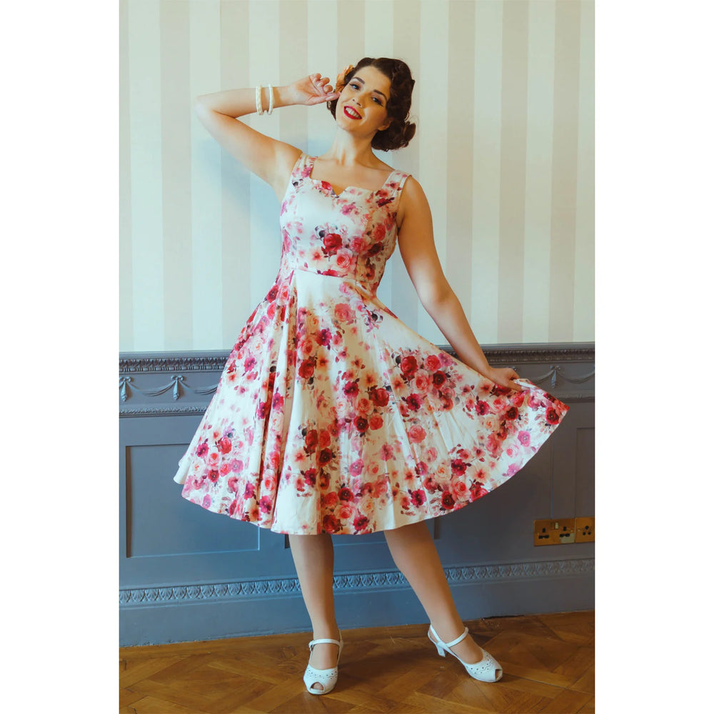 White Cream With Red And Pink Floral Print Strappy Cotton Swing Dress