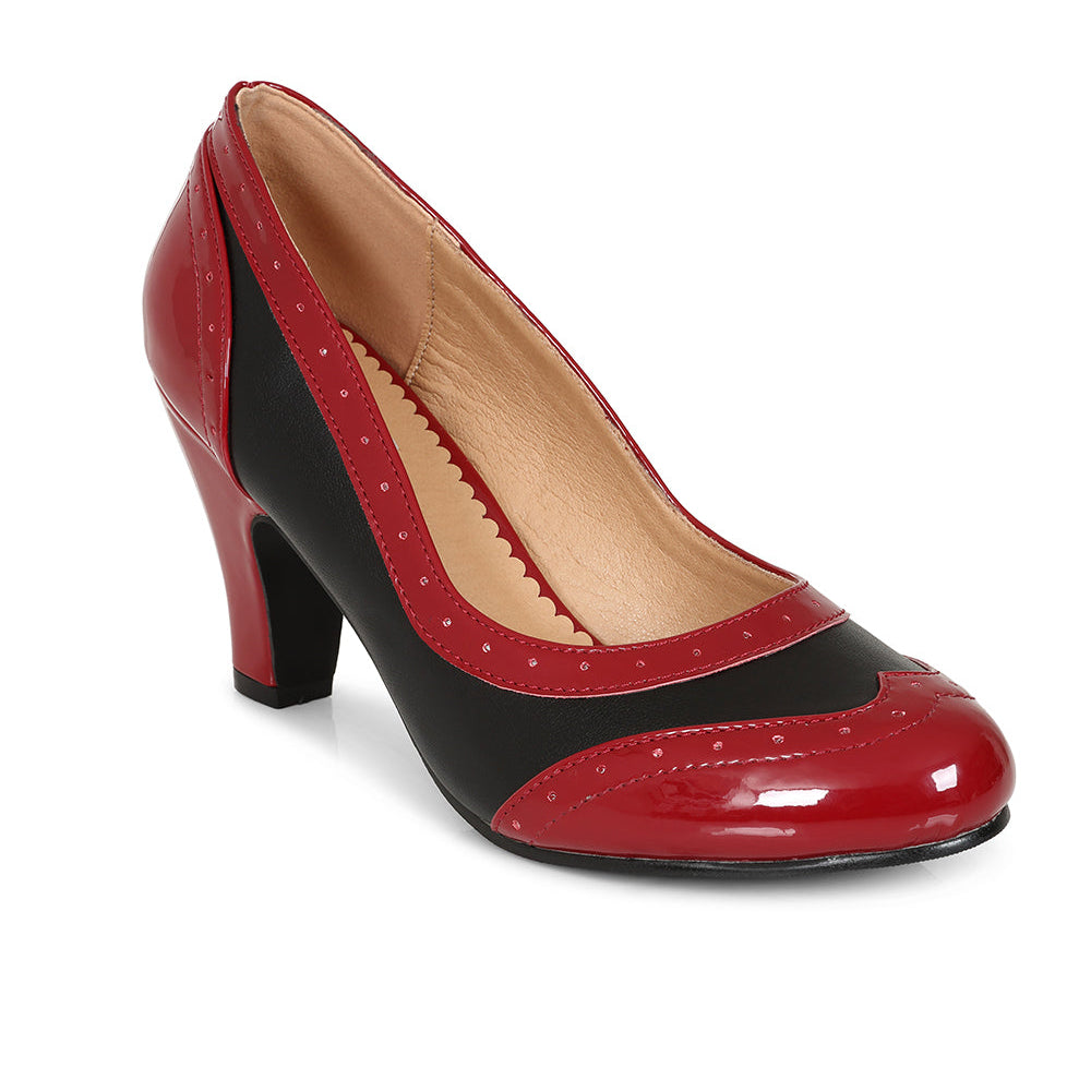 1940s 1950s Red Black Vintage Style Court Shoes Brogue Detail