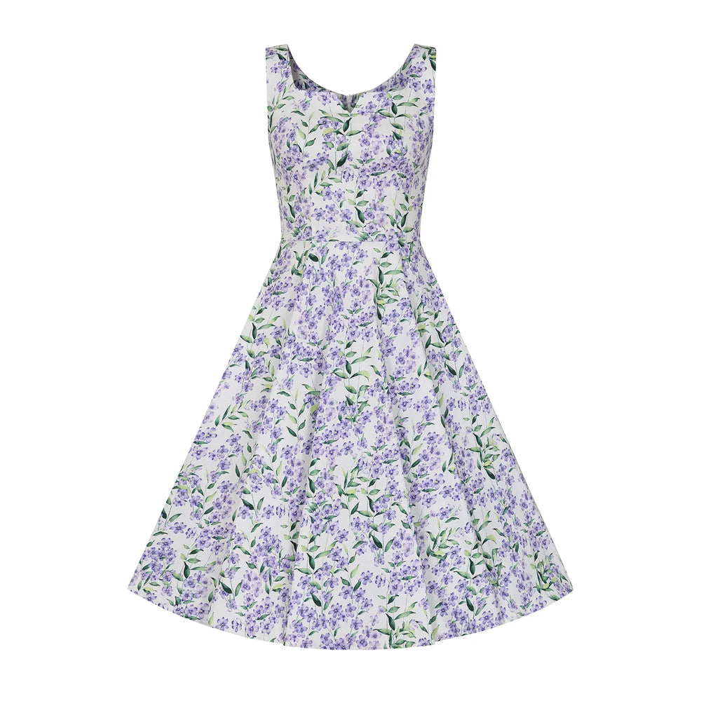 Ivory, Lilac And Violet Floral 50s V Neck Sleeveless Swing Dress - Pretty Kitty Fashion
