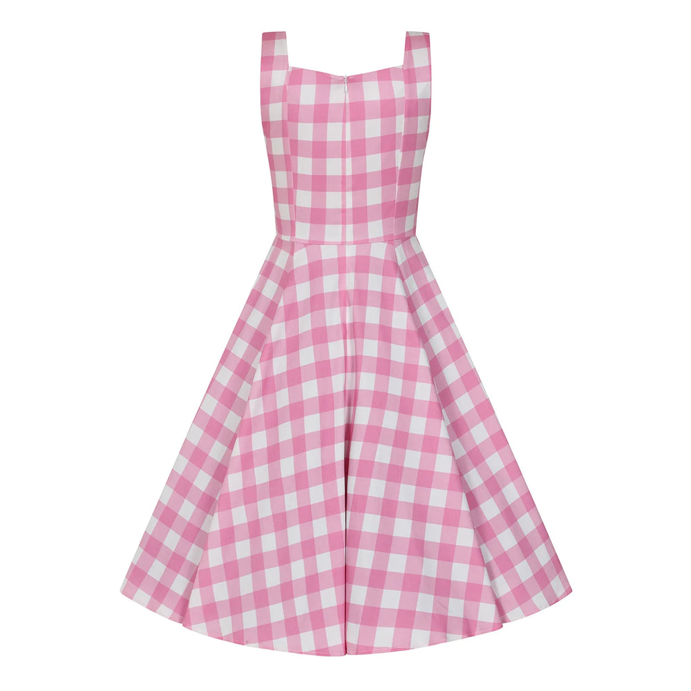Pink And White Check 50s Sweetheart Neckline Sleeveless Swing Dress - Pretty Kitty Fashion
