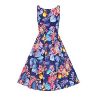 Navy Blue Multi Coloured Floral Sleeveless 50s Swing Dress with Pockets - Pretty Kitty Fashion