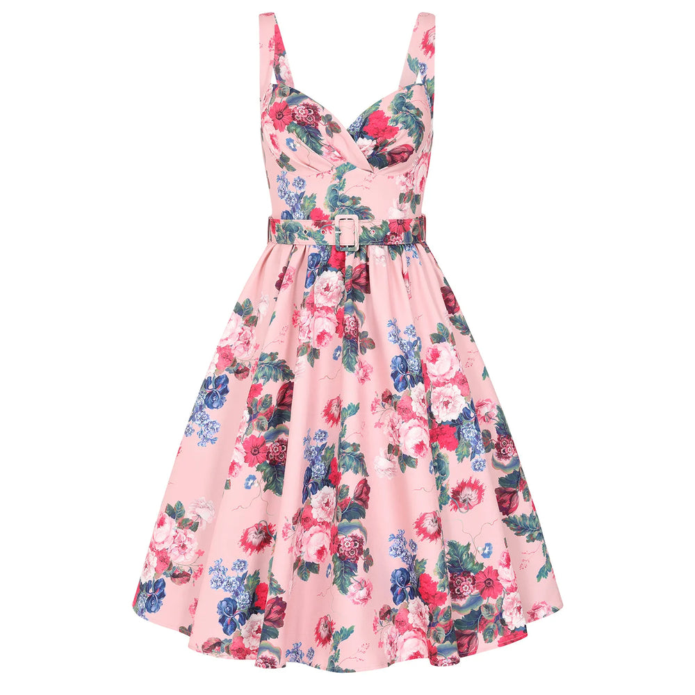 Pink Floral Belted Sleeveless 50s Swing Dress with Sweetheart Bodice & Pockets