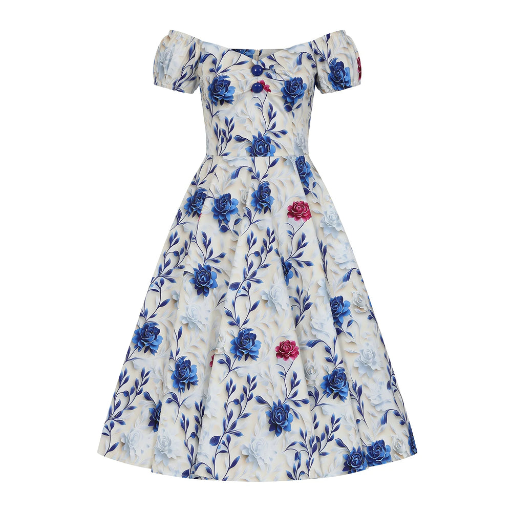 Cream White And Blue Red Rose Cap Sleeve Cotton Swing Dress - Pretty Kitty Fashion