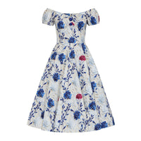 Cream White And Blue Red Rose Cap Sleeve Cotton Swing Dress - Pretty Kitty Fashion
