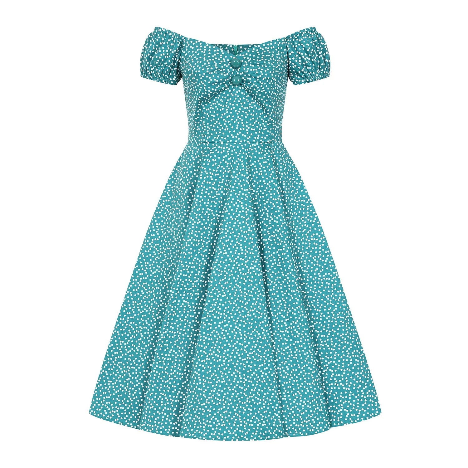 Green Polka Dot Off Shoulder Rockabilly 50s Swing Dress with Puff Sleeves - Pretty Kitty Fashion