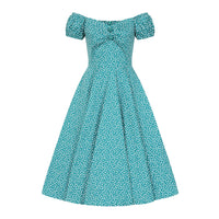 Green Polka Dot Off Shoulder Rockabilly 50s Swing Dress with Puff Sleeves - Pretty Kitty Fashion